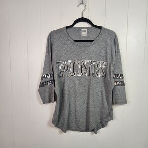 Victoria's Secret Pink Gray Silver Sequin 3/4 Dolman Sleeve Shirt Top Y2K Bling